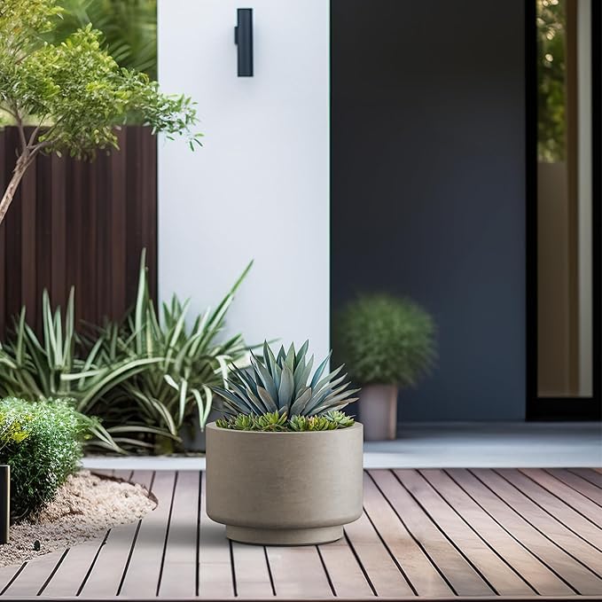 Kante 12.6 Inch Dia Concrete Planter, Round Pedestal Design Garden Pot for Indoor Outdoor Plants, Modern Flower Pot with Drainage Hole and Rubber Plug, Weathered Concrete