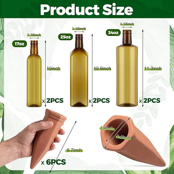 12 Pcs 17oz 25oz 34oz Plant Watering Devices 6 Terracotta Self Watering Spikes 6 Plastic Bottles Slow Release Vacation Planter Insert Automatic Water System for Indoor Outdoor Potted Plant