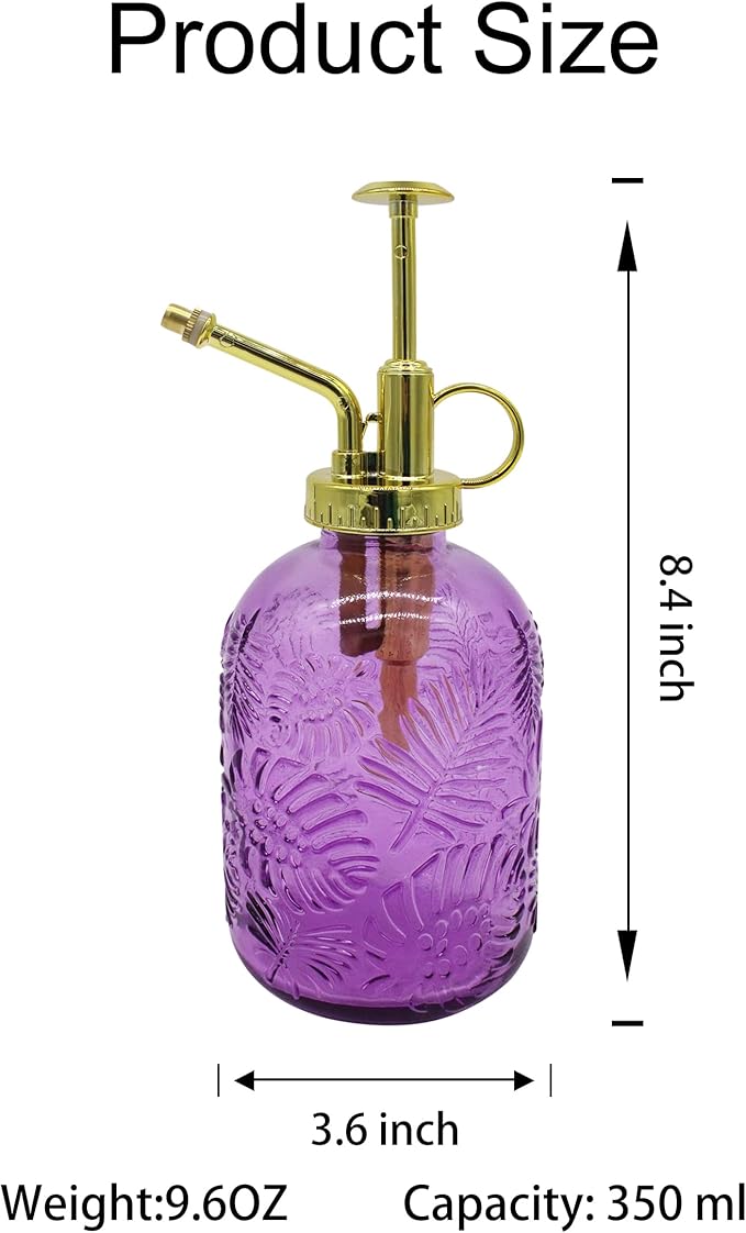 Glass Plant Mister Spray Bottle, 350ML Vintage Plant Spritzer, Succulent Watering Bottle Glass with Top Pump, Small Plants Sprayer Watering Can for Indoor (Purple)