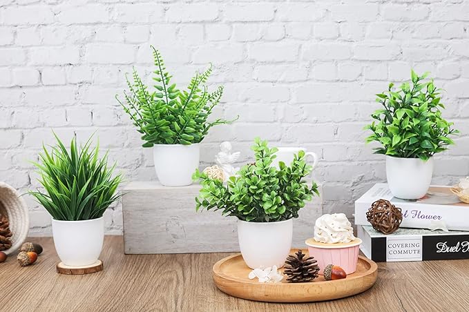 Der Rose 4 Pack Fake Plants Small Artificial Faux Potted Plants for Living Room Home Office Farmhouse Bathroom Kitchen Decor Indoor