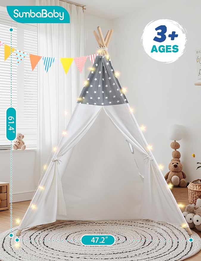 Sumbababy Teepee Tent for Kids, Cotton Canvas Indoor Play Tent, Foldable Toddler Sleepover Tents for Girls & Boys Slumber Party, Washable Gift Set with Star Lights, Banner & Carry Bag, Stars Design