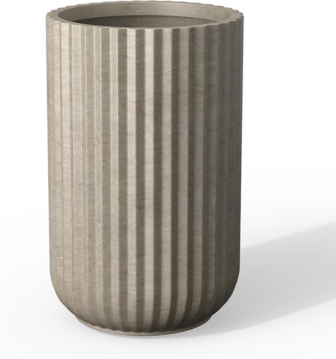Kante Tall Fulted Planter, 17.7 Inch Tall Round Concrete Plant Pots with Drainage Hole and Rubber Plug, Modern Decor for Indoor Outdoor Plants, Flower, Weathered Concrete