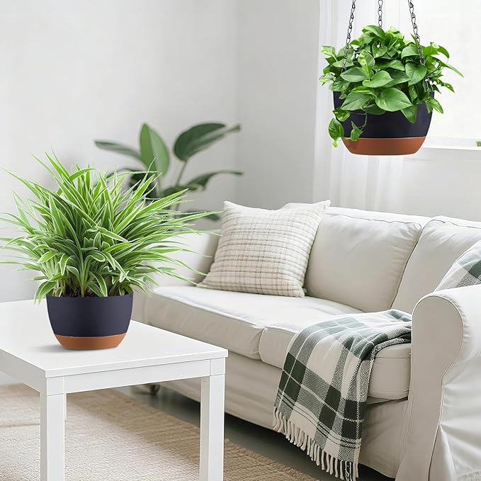 Set of 2 Hanging Planters for Indoor Outdoor Plants, 8 Inch Self-Watering Hanging Flower Pots with Drainage Hole & Removable Water-Storage Tray (Hooks)