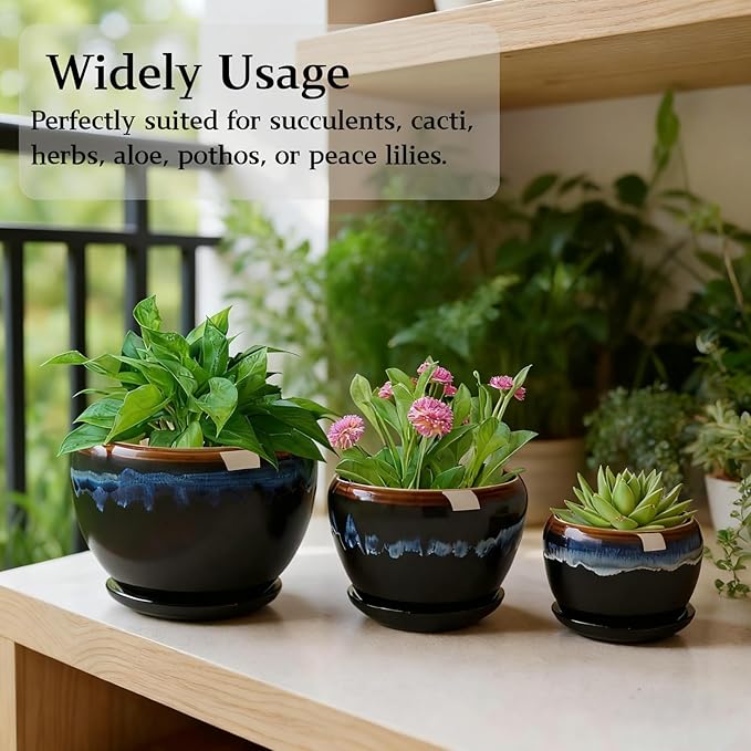 AVLA 3 Pack Ceramic Flower Pots, Gardening Drip Glazed Planter, Plant Pot with Drainage Hole and Saucer, 7/5/4 Inch Rustic Houseplant Container for Succulent Herbs Cactus Orchid, Home Indoor Outdoor