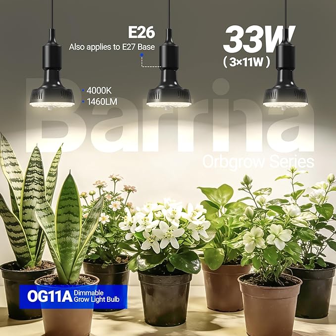 Barrina Orbgrow OG11A Grow Light Bulbs for Indoor Plants, Integrated Dimming & Timing, 4000K 33W(3 x 11W, 300 Watt Equiv), E26 Plant Light Bulb, Full Spectrum for Seeds and Greens, 3 Packs, Black