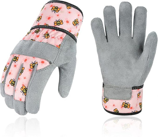Vgo... 1-Pair Age 7-8 Kids Gardening Gloves,Children Yard Work Gloves,Soft Safety Outdoor Playing Gloves(Size XL, Pink Bee, KID-MF3561)