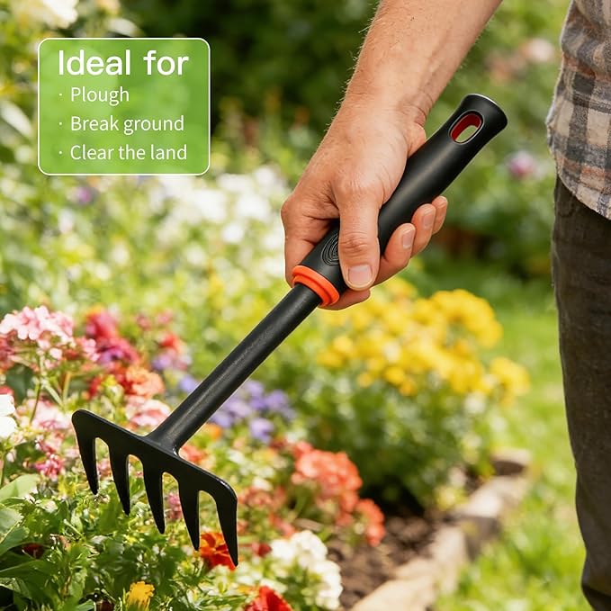 Mini Garden Rake, Garden Tool Hand Tiller Grass Rake for Flower Beds, Patio, Garden Loosening Soil Weeding Digging