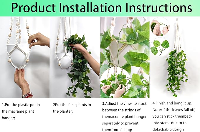 Comtelek Fake Hanging Plants Artificial Plants for Home Decor Macrame Plant Hanger with Fake Vines Faux Hanging Planter Greenery for Wall Ceiling Bedroom Bathroom Kitchen Office Boho Decor Indoor