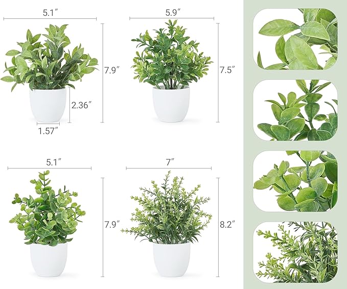 Mkono 4 Packs Fake Plants Mini Artificial Greenery Potted Plants Faux Eucalyptus for Spring Decor Home Indoor Office Table Shelf Room Bathroom Farmhouse Decor (White)