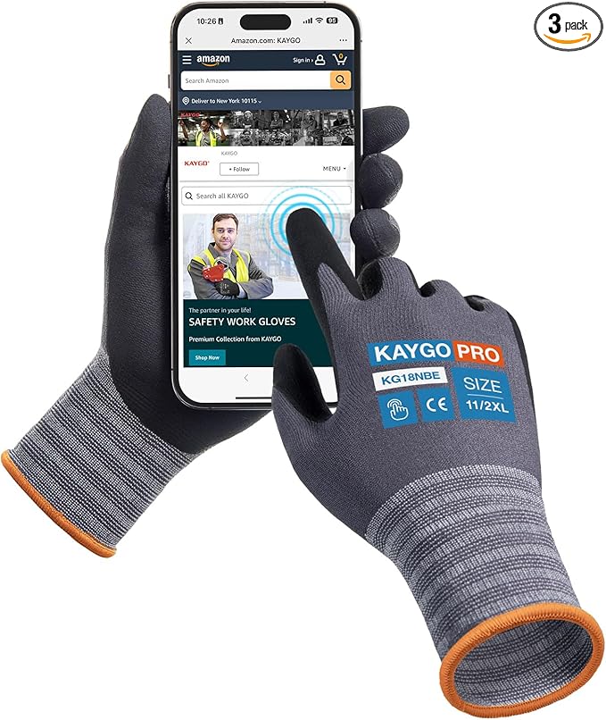 KAYGO Safety Work Gloves MicroFoam Nitrile Coated- 3 Pairs KG18NB, Seamless Knit Nylon Glove with full fingers Touchscreen, Ideal for Automotive, Home Improvement, Black, 2X-Large