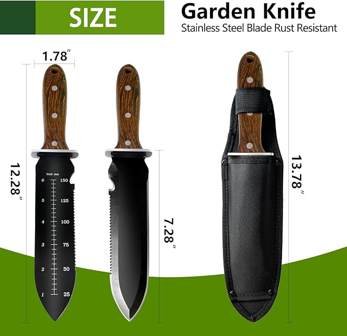 Garden Trowel Hand Shovel for Gardening, Hori Hori Garden Knife for Weeding Planting Digging | 7" Stainless Steel Blade | Oxford Sheath | Walnut Wood Handle