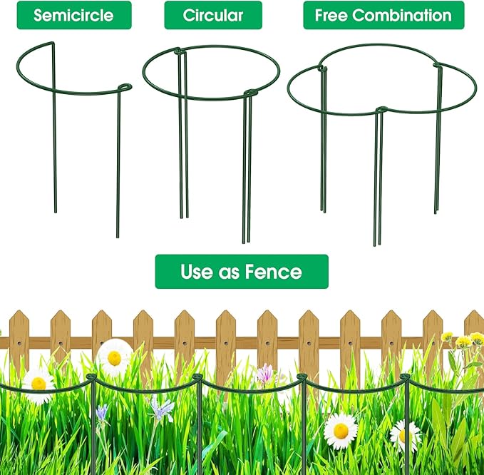Unves 10 Pack Plant Support Stakes, 10" W x 16" H Half Round Peony Cages and Supports, Metal Peony Cage Plant Ring for Outdoor Plants Tomato Flower Vine, with Garden Labels, Clips and Ties