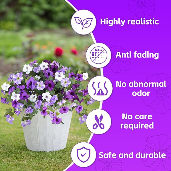 Alotiki Artificial Fake Flowers for Outdoor Plants Decoration,2 Pcs Faux Petunias Flowers Plants UV Resistant Silk for Porch Yard Garden Home Indoor Decor(Purple White)