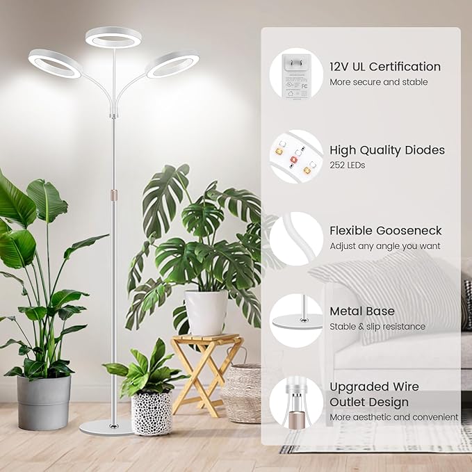 Garpsen Floor Plant Light, Full Spectrum 252 LEDs Grow Light for Indoor Plants with Base, 3 Color Modes & 5 Dimmable, Timer 6/12/16H Grow Lamp with 67''Height Adjustable, 3-Head-White