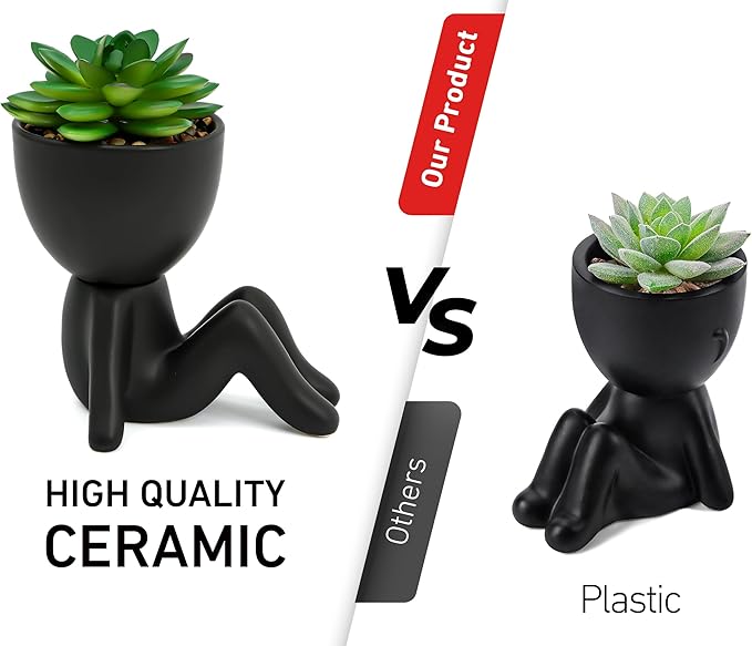 OLEEK Small fake plant office decor for women - blacks plants decor - office plants artificial - fake plants black - succulents fake plant for shelf decor - fake plants black pots for plants - Pot Set