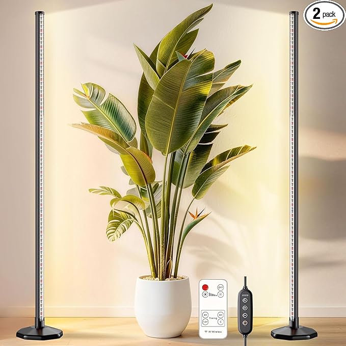 2 Pack LED Grow Lights for Indoor Plants Full Spectrum, 48W 65 Inch Plant Lights for Seed Starting with Timer and 10 Level Dimmable Standing Plant Growing Lamp for Greenhouse with Hanging Accessories