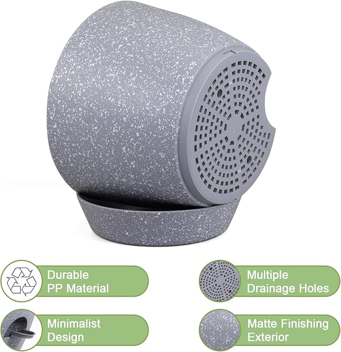 WSMKSZ 12 inch Large Self Watering Pots, Planter, Plant Pots with Mesh Drainage Holes for Indoor Outdoor House Plants and Garden, Plastic Flower Pots with Deep Reservoir, Speckled Grey