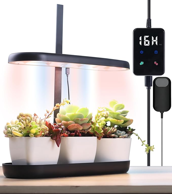 Grow Lights for Indoor Plants, 20W Full Spectrum LED Grow Lamp for Indoor Garden with Intelligent Controller, Height Adjustable, Ideal for Home Desk Plant Lighting (Black, ABS Base)