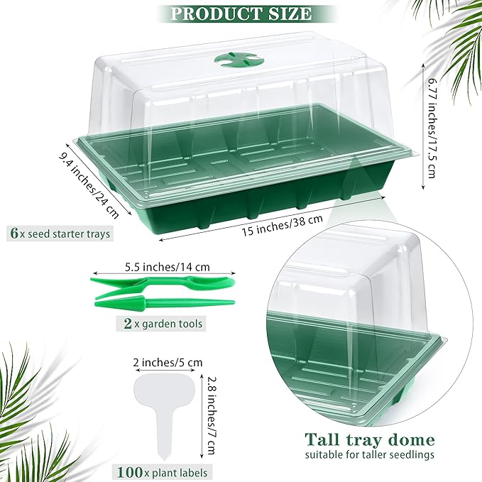 Hahood 6 Packs Seed Starter Tray Kits with Humidity Dome, Plastic Germination Growing Trays with Plants Labels Planting Tools for Seeds Growing Starting, Germination Seedling Propagation, Green