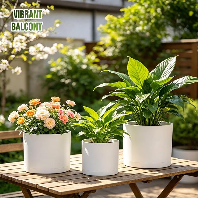 10/9/8 Inch Large Plant Pots with Drainage Holes and Trays, 3 Pack Modern Minimalist Cylinder Planters for Monstera, Snake Plant, Indoor Outdoor (Matte White)