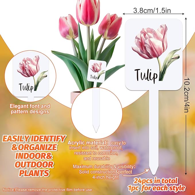Whaline 24Pcs Acrylic Flower Plant Label Signs 24 Styles Garden Flower Markers Plant Stake Tags White Waterproof Tags with Floral Names for Nursery Indoor Outdoor Garden Decoration