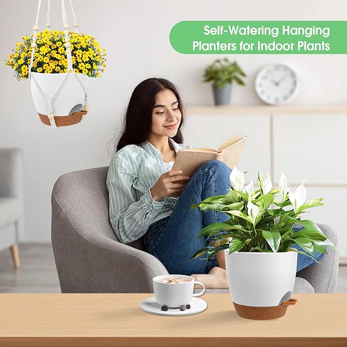 Vanslogreen Hanging Planters for Indoor Outdoor Plants, 2 Pack Self Watering Hanging Pots, Hanging Plant Baskets with Drainage Holes & 2 Types of Plant Hangers (White, 6'')