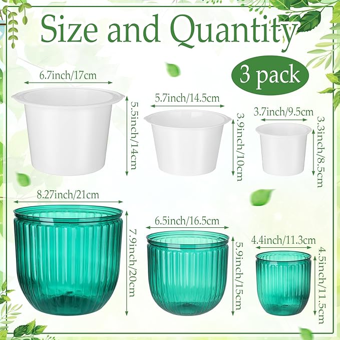 3 Pcs Self Watering Pots for Indoor Plants Planters with Drainage Holes 8.3" 6.5" 4.5" Flower Pots Durable Plastic with Wick Rope and Reservoir Emerald Green Clear for Herbs African Violet