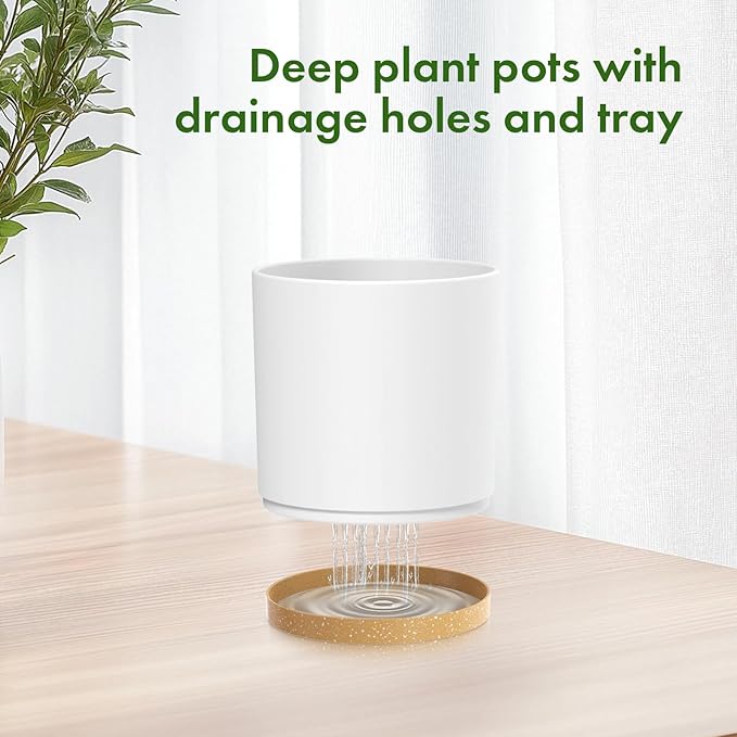 Meowell 8/7/6 inch Plant Pots, 3 Pack Cylinder Flower Pots for Outdoor Indoor Plants, Decorative Plastic Planters with Drainage Holes and Saucers for Garden House Plants, White with Brown