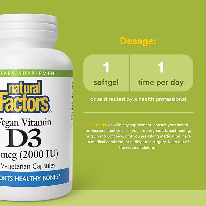 Natural Factors Vegan Vitamin D3 2000 IU - Supports Bone & Immune Health - Plant-Based Cholecalciferol - Vegetarian Capsules - 90 Capsules (90 Servings)
