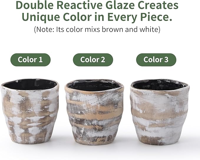 Modern Irregular Ceramic Planter Set of 2-4+6 Inch Unique Reactive Glaze Flower Pots with Drainage Holes & Saucers - Indoor Outdoor Decorative Succulent Orchid Pots, Light Brown