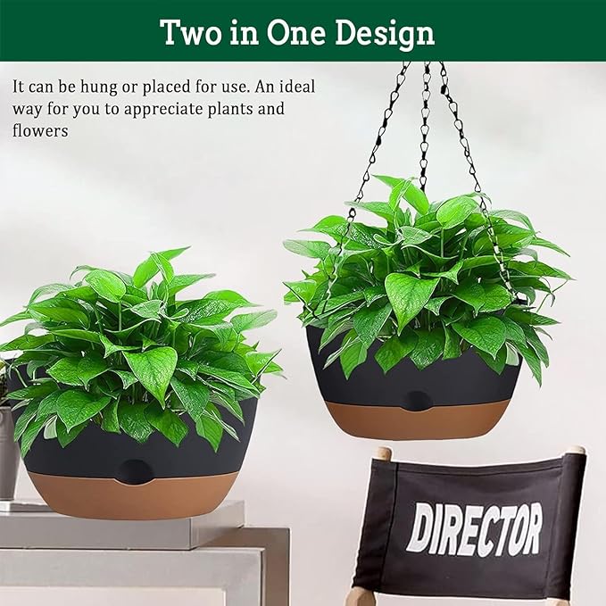 Koalaime 2 Pack Hanging Planters Set,10 Inch Indoor Outdoor Hanging Plant Pot Basket,Hanging Flower Pot with Drainage Hole with 3 Hooks for Garden Home… (Black Hanger Black Planters)