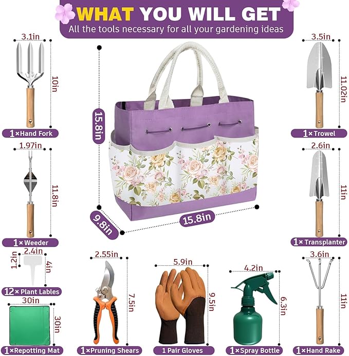 22Pcs Gardening Tools Set for Women Heavy Duty Garden Hand Tool Kit for Mom Beginner Gardening Accessories with Large Tote Bag/Shovel/Repotting Mat/Plant Labels/Gloves-Purple