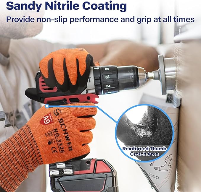 Schwer ProGuard Highest Level Cut Resistant Work Gloves PR3326 for Extreme Protection, ANSI A9 Cut Gloves with Reinforced Thumb, Non Slip, Durable, Touch-screen, Orange 2 Pairs（M）