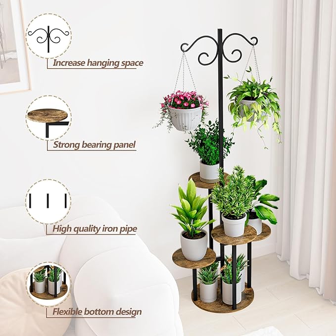 INGIORDAR Plant Stand Indoor Outdoor Corner Flower Stands Multiple Flower Pot Holder for Patio Garden Balcony Living Room 5 Tier with hook Black+Rustic Brown