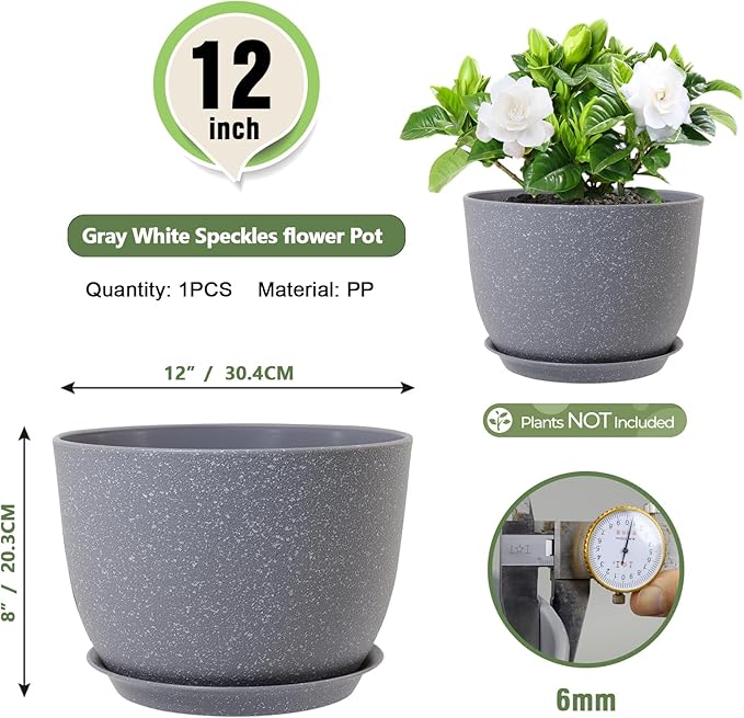 Meowell Plant Pots 12 inch, Plastic Planters with Drainage Holes and Saucers, Large Flower Pots for Indoor Outdoor Plants, Modern Decorative Pots for Garden House Plants, Speckled Grey
