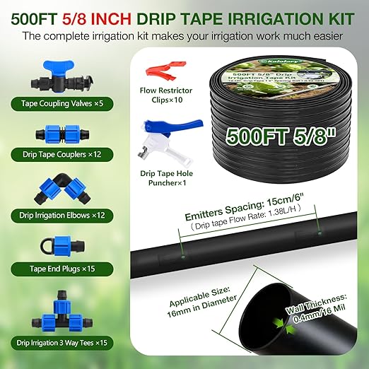 500FT 5/8 Inch Drip Tape Irrigation Kit, Kalolary 16 Mil Reinforced PE Flat Drips Tubing 6" Spacing Roll Landscape Garden Hose with Drip Tape Fittings & Hole Puncher Automatic Garden Irrigation System