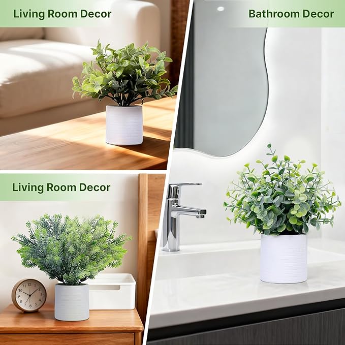FGSAEOR Mini Potted Fake Plants, Small Artificial Greenery Plants Topiaries, Low Maintenance, Shelf Desk Room Table Office Home Decor (3-Pack) (White Pot - Grey)