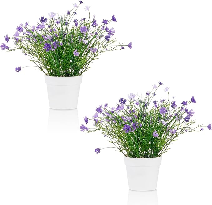 Babys Breath Potted Fake Plants with Flowers Faux Plants Indoor for Home Office Bookshelf Table Farmhouse Room Decor, Purple (Pack of 2)