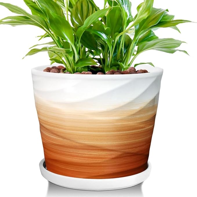 8 Inch Plant Pot, Ceramic Planter with Drainage and Saucer,Ceramic Planters for Indoor Plants, 8 Inch Garden pots(Khaki + White)
