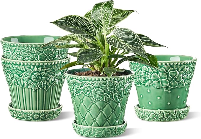 Metahom Ceramic Plant Pots, 5.8 Inch Flower Pots for Indoor Plants, Planters with Drainage Hole & Saucer, Green Planters for Succulent, Orchid, Cactus, Home Decor, Set of 4, Green