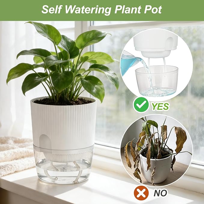 Plant Pots, 4 Pack 5.7 Inch Self Watering Pots for Indoor Plants, Flower Pots with Deep Reservoir and Drainage Holes - White