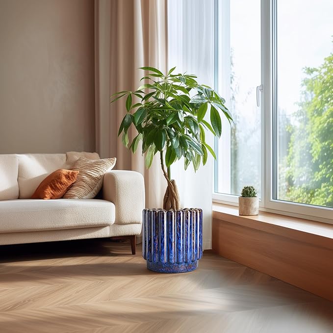 Ceramicfor 12 Inch Pots for Plants - Ceramic Planter Indoor Outdoor, Large Ceramic Flower Pots with Drainage Hole, Fluted Modern Round Planter, Living Room Home Decor, Gifts for Plant Lovers, Blue