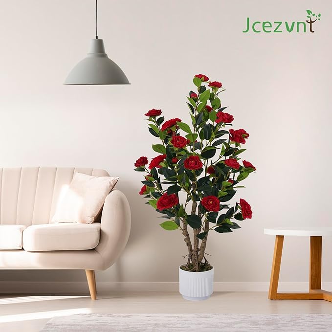 2 Pack Artificial Camellia Tree with White Pot, 38" Faux Potted Plants for Indoor Outdoor Decor, Tall Silk Greenery Plant for Home Offce Living Room Balcony,White, Red
