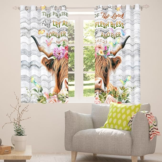 Feelyou Highland Cow Curtains Rose Highland Cattle Window Curtains Bedroom Living Room Kids Room Decor Boys Girls Bull Cattle Window Drapes Botanical Floral Window Treatments 42W X 84L，2 Panels