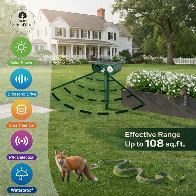 Solar Ultrasonic Animal Repeller - Waterproof - Motion Activated - Humane Pest Control with LED Flash for Modern Garden for Deer - Squirrel -Raccoon -Rabbit -Fox -Skunk -2026 New Generation