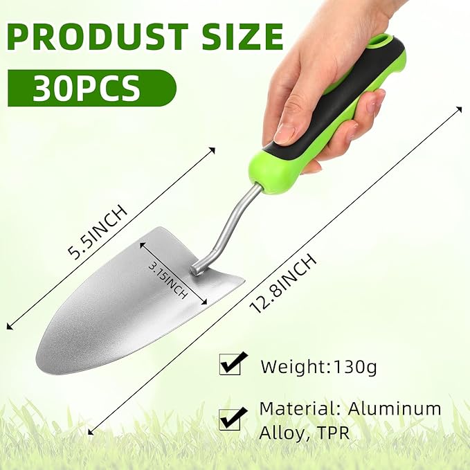Yaocom 30 Pcs Garden Shovel Aluminum Alloy Heavy Duty Trowel Small Digging Shovels Metal Hand Trowel Spade with Soft Handle for Garden Lawn Yard Planting Tool (Wide Shovel,Green)
