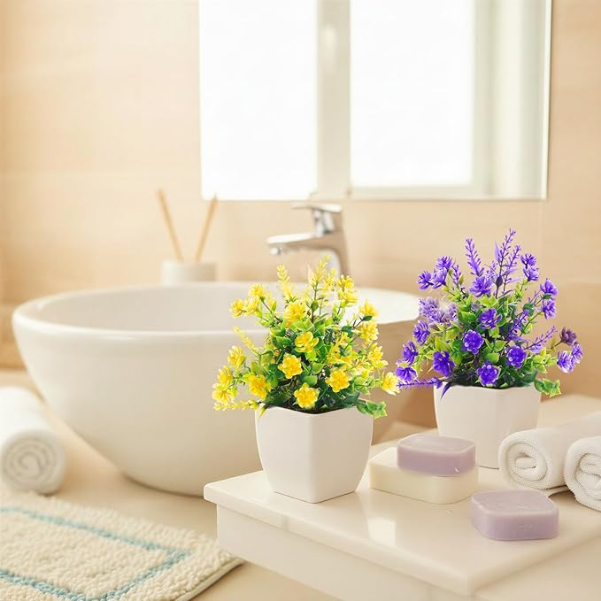CEWOR Fake Flowers 4 Packs Faux Potted Flower Lavender with Eucalyptus Flowers Small Decorations for Spring Desk Bathroom Office Home Room Table Decor Indoor Outdoor