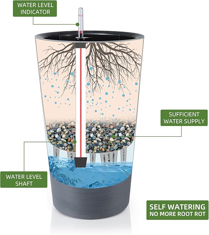 Dexceder 22x13 Tall Self Watering Planter High Cylinder Indoor Outdoor, Thickened Large Floor Standing Flower Plant Pot with Water Level Indicator (Gray, Wire Drawing)