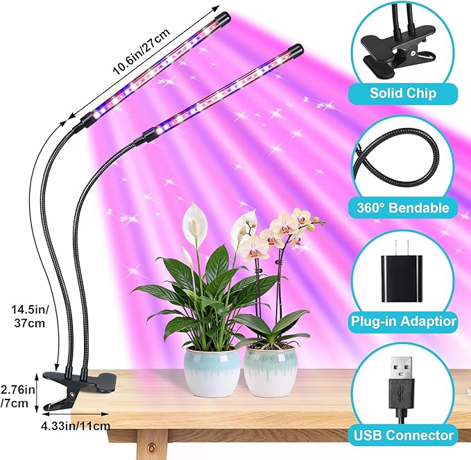Indoor Plant Grow Light, Full Spectrum Clip Plant Lamp with Red, Blue, White Light, Plant Growing Light with Adjustable Gooseneck, 4/8/12/18H Timer, 10 Brightness Levels, 3 Lighting Modes, 2 Head