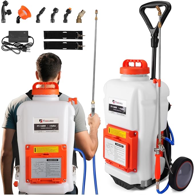 Toovem Battery Powered Backpack Sprayer 4 Gallon, Weed Yard Sprayer with Wand, Electric Backpack Garden Sprayer with Wheeled Cart for Weeding, Adjustable 0-94 PSI, 10FT Hose, 6 Nozzles